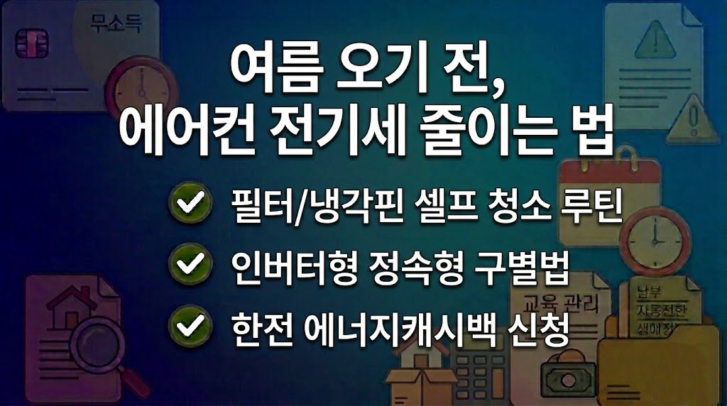 여름을 앞두고 에어컨 필터를 청소하며 전기 요금 절약 제도를 확인하는 모습의 이미지