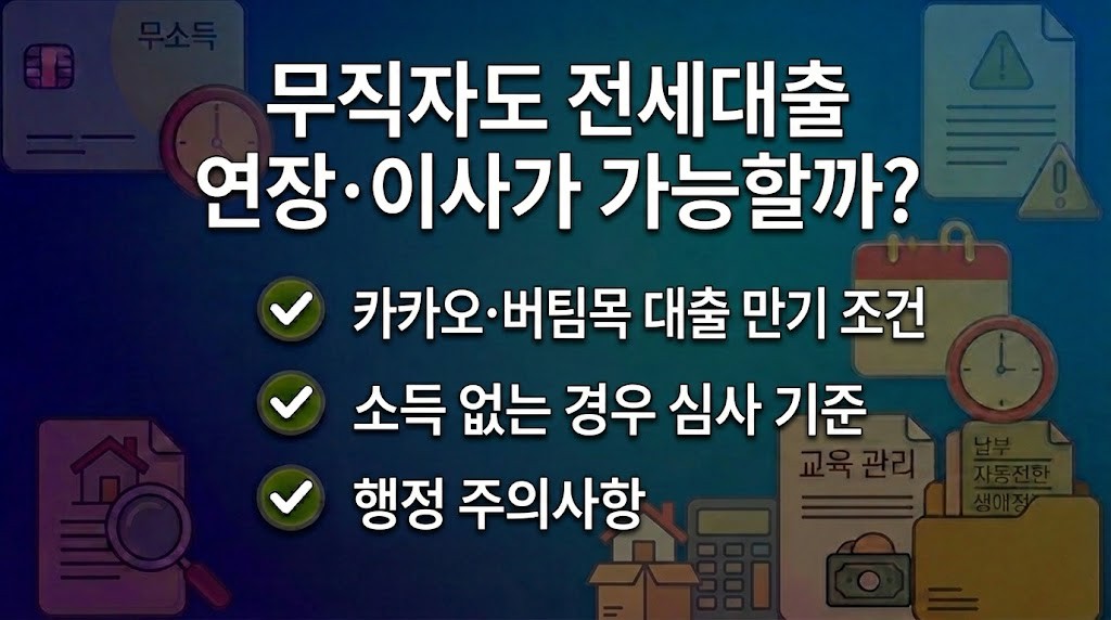퇴사 후 전세자금대출 연장 조건과 무직자 목적물 변경 절차를 안내하는 정보성 이미지