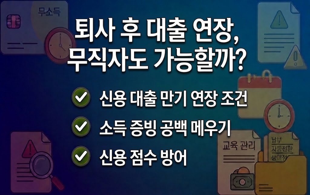 퇴사 후 은행 대출 만기 연장 조건을 확인하고 신용 점수를 관리하는 과정을 안내하는 이미지