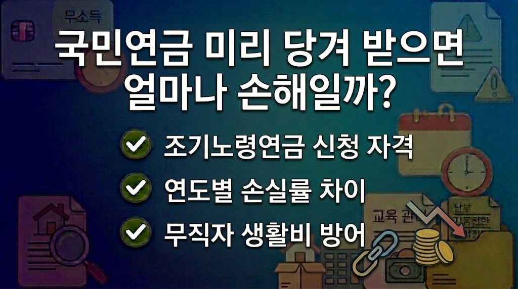 국민연금 조기수령 나이와 손실률 표를 확인하며 노후 자금을 계산하는 모습의 이미지