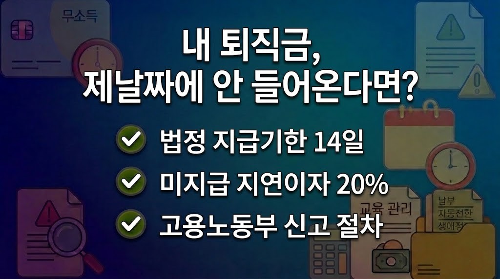 퇴직금 법정 지급기한과 고용노동부 임금체불 신고 기준을 안내하는 정보성 이미지
