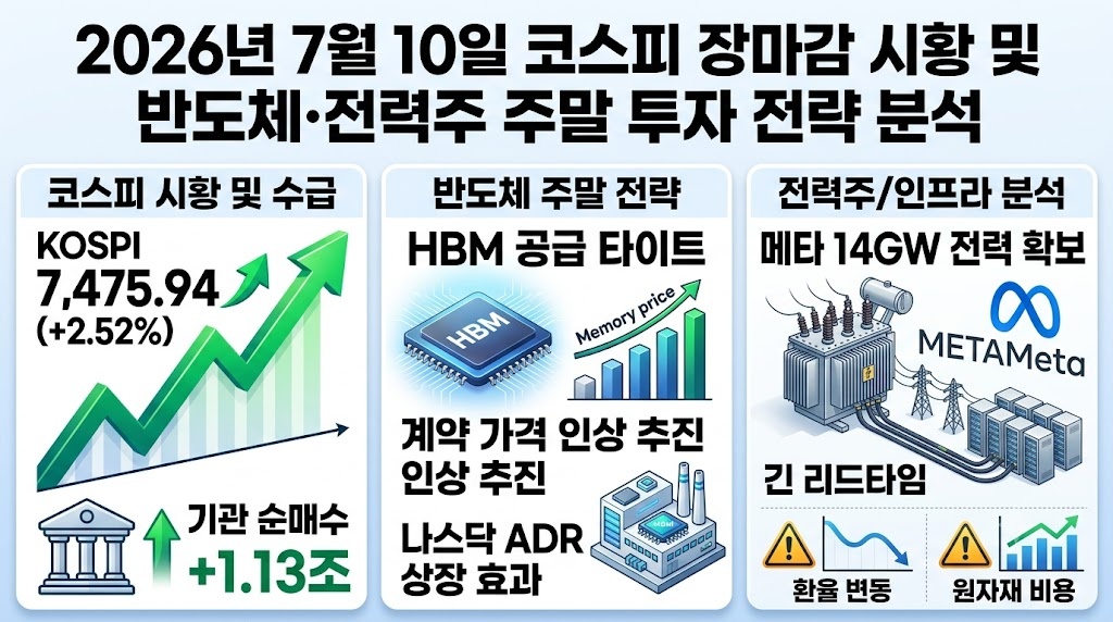 2026년 7월 10일 코스피 장마감 시황 및 반도체·전력주 주말 투자 전략 분석